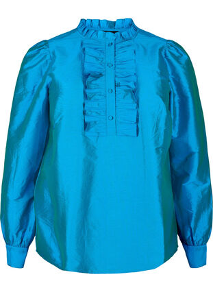 Zizzifashion Shiny shirt blouse with ruffles, Diva Blue, Packshot image number 0