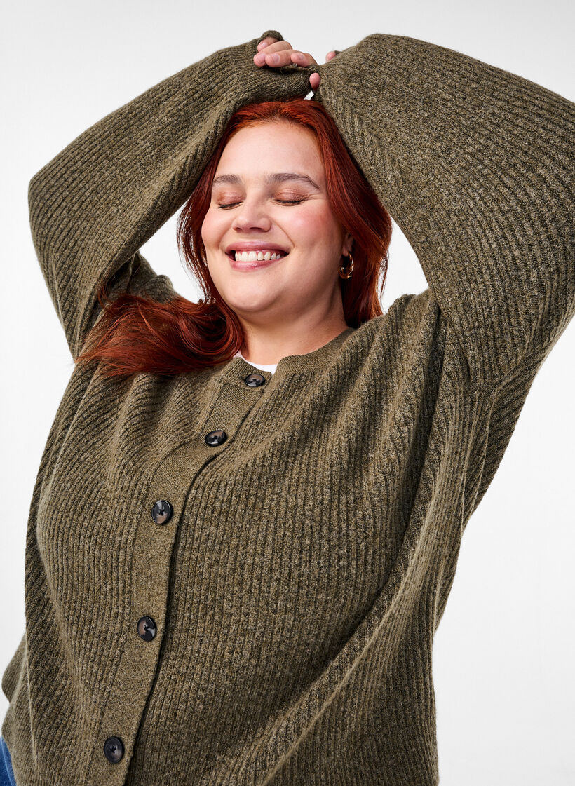 Rib knit cardigan with buttons, Dusky Green Mel., Image