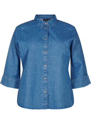 Zizzifashion Denim shirt with rhinestones and 3/4 sleeves, Bl. Denim Rhinestone, Packshot image number 0