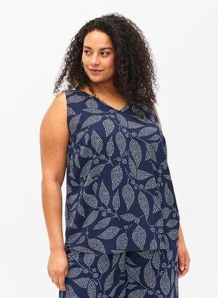 Zizzifashion Floral top with v-neck, Navy B. w. Dot Leaf, Model image number 0