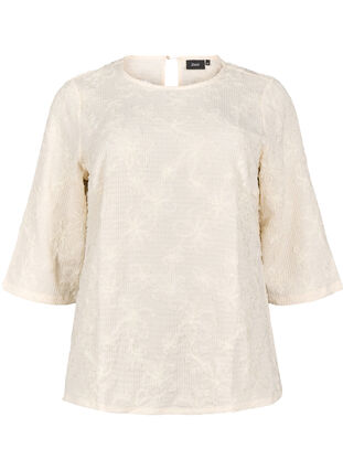 Zizzifashion Blouse with 3/4 sleeves and 3D flowers, Warm Off-white, Packshot image number 0