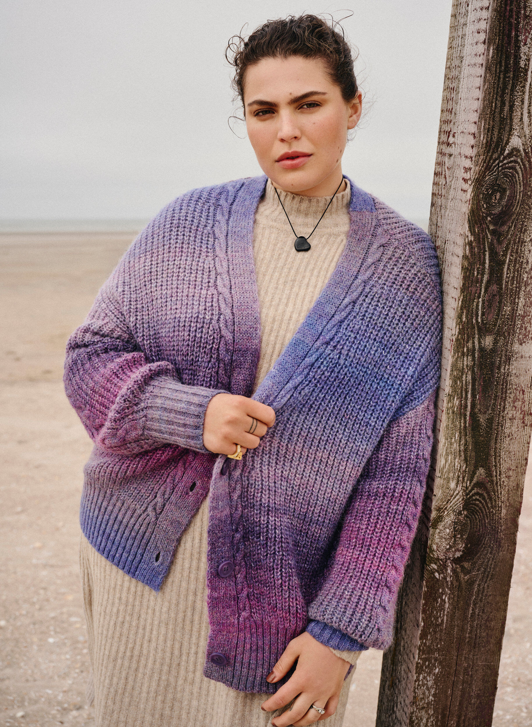 Melange knit cardigan with buttons - Purple - Sz. 42-60 - Zizzifashion