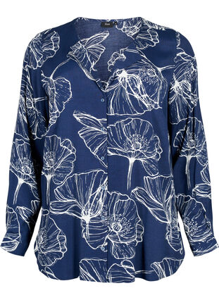 Zizzifashion Floral print viscose shirt with long sleeves, Navy B./Big Fl.AOP, Packshot image number 0