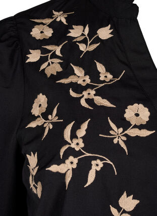 Zizzifashion Shirt blouse with embroidered flowers and 3/4 sleeves, Black W. Beige Emb. , Packshot image number 3