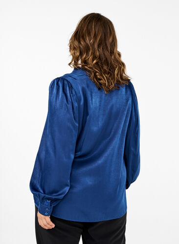 Zizzifashion Long-sleeved blouse with ruffles and v-neck, Estate Blue, Model image number 1