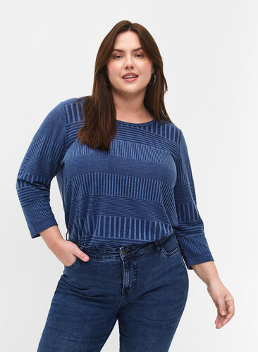 Zizzifashion Blouse with 3/4 sleeves and striped pattern, Estate Blue Melange, Model image number 0