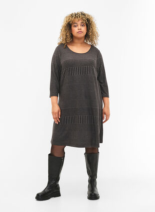 Zizzifashion Dress with 3/4 sleeves and striped pattern, Dark Grey Mélange, Model image number 2