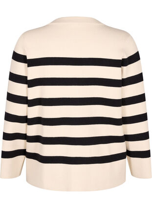 Zizzifashion Striped knitted cardigan with V-neck, Birch w. Black, Packshot image number 1