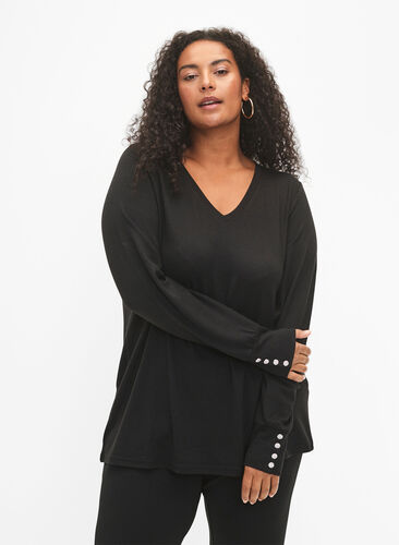 Zizzifashion Long-sleeved blouse with wide cuff and buttons, Black, Model image number 0