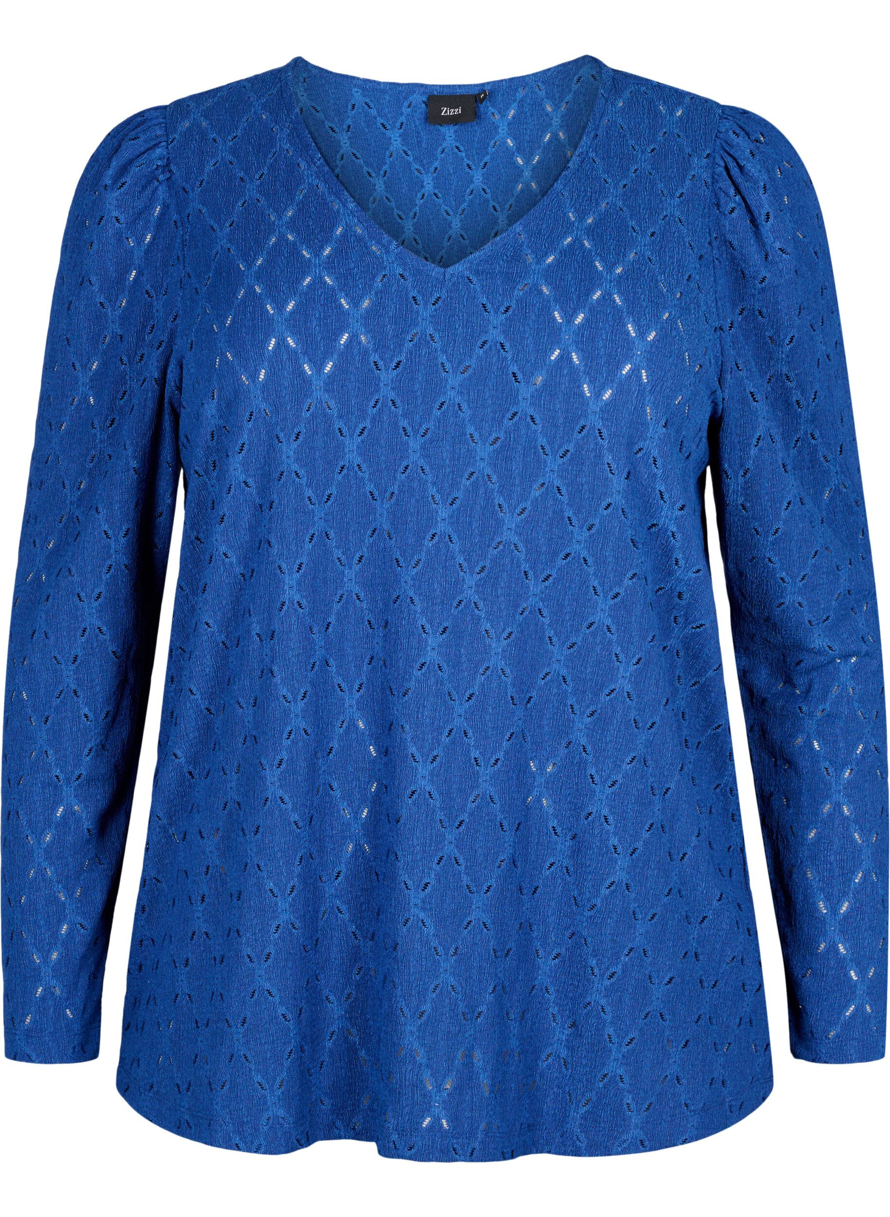 V-neck blouse with hole pattern - Blue - Sz. 42-64 - Zizzifashion
