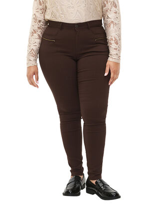 Zizzifashion Close-fitting trousers with zipper details, Coffee Bean, Model image number 3