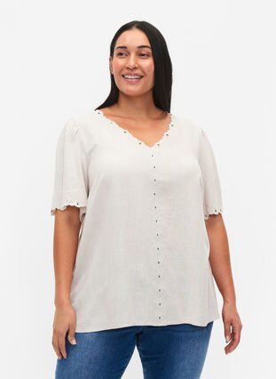 Zizzifashion Viscose-Linen Mix Blouse with Embroidery, Moonbeam, Model image number 0