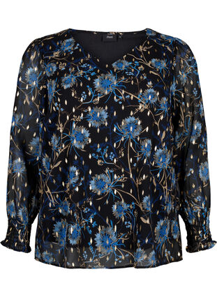 Zizzifashion Floral blouse with long sleeves and v neck, Black Blue Flower , Packshot image number 0
