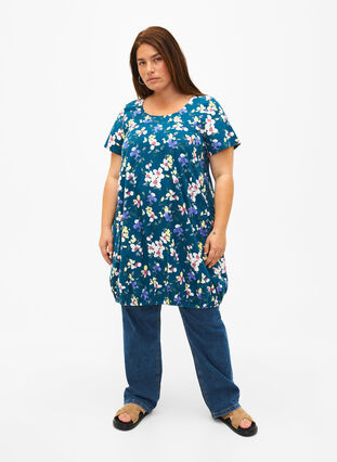 Zizzifashion Short-sleeved, printed cotton dress, Legion Blue, Model image number 2