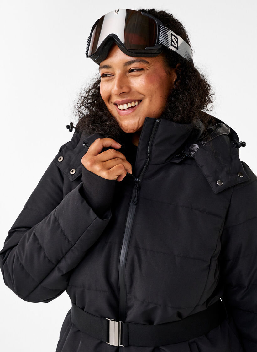 Ski jacket with hood and belt, Black, Image