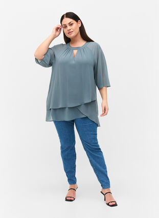 Chiffon blouse with 3/4 sleeves - Blue - Sz. 42-60 - Zizzifashion