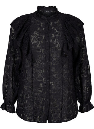 Zizzifashion Lace shirt blouse with ruffle detail, Black, Packshot image number 0