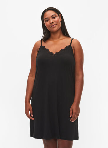Zizzifashion Viscose nightgown with lace trim, Black, Model image number 0