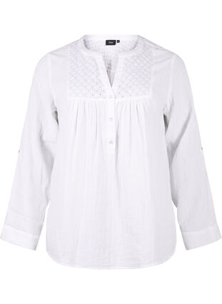 Zizzifashion Cotton blouse with broderie anglaise and 3/4 sleeves, Bright White, Packshot image number 0