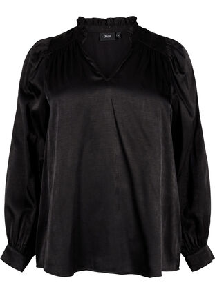 Zizzifashion Long-sleeved blouse with ruffles and v-neck, Black, Packshot image number 0