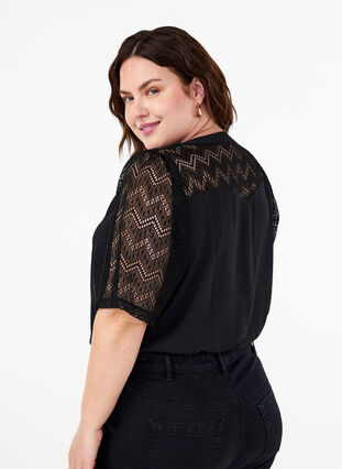 Zizzifashion Shirt blouse with short lace sleeves, Black, Model image number 1