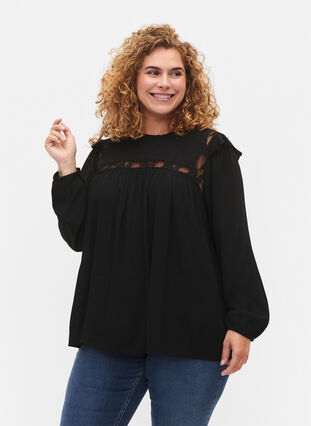 Zizzifashion Viscose blouse with frills and lace, Black, Model image number 0