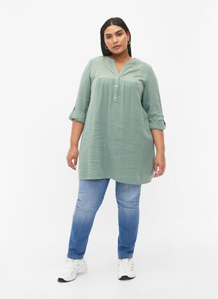 Zizzifashion Cotton tunic with anglaise embroidery, Chinois Green, Model image number 2