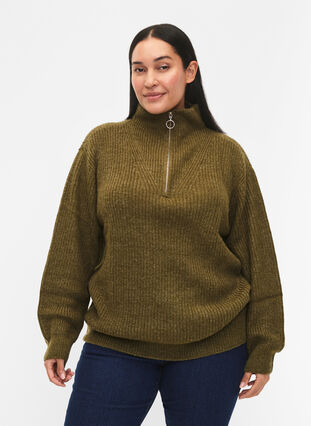 Zizzifashion FLASH - Knitted sweater with high neck and zipper, Dark Olive Mel., Model image number 0