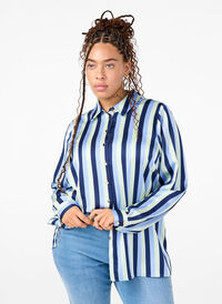 Striped satin shirt with collar, Blue Stripe, Model