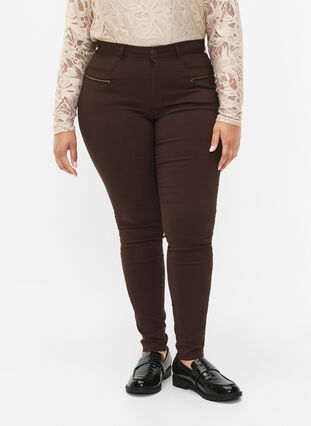Zizzifashion Close-fitting trousers with zipper details, Coffee Bean, Model image number 2