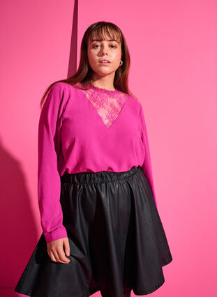 Zizzifashion Long sleeved blouse with lace detail, Festival Fuchsia, Image image number 0