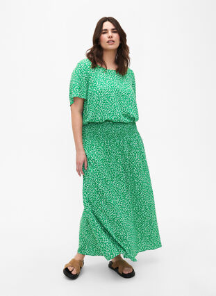 Zizzifashion FLASH - Viscose maxi skirt with smocking, Bright Green Wh.AOP, Model image number 3