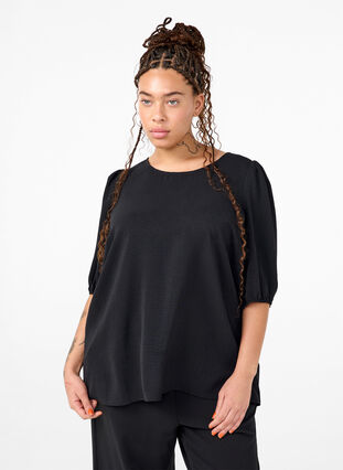 Zizzifashion Short-sleeved blouse with a bow at the back, Black, Model image number 0