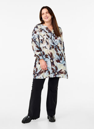 Zizzifashion Long-sleeved tunic with print, Grey Flower AOP, Model image number 2