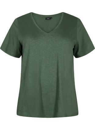 Zizzifashion Short-sleeved basic t-shirt with v-neck, Thyme, Packshot image number 0