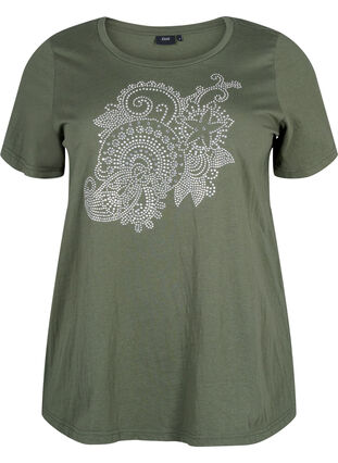 Zizzifashion Cotton t-shirt with rhinestone motif, Thyme w. Rhinestones, Packshot image number 0