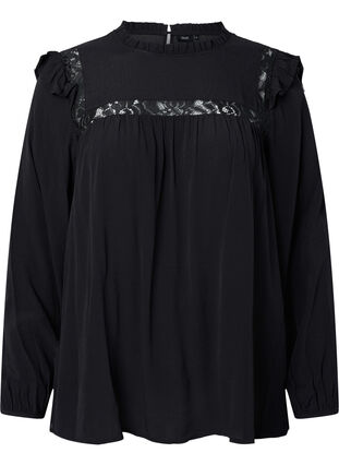 Zizzifashion Viscose blouse with frills and lace, Black, Packshot image number 0