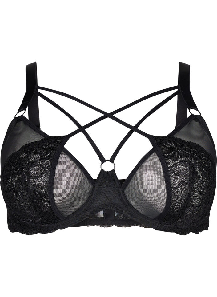 Full cover underwired bra with string details - Black - Sz. 85E-115H -  Zizzi Outlet