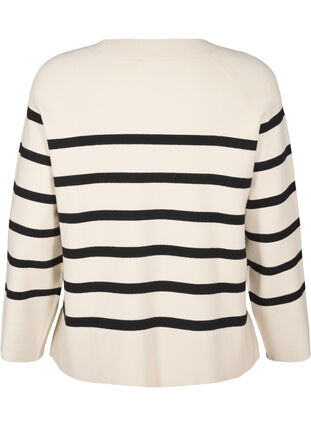 Zizzifashion Striped knitted blouse with round neck, Birch w. Black, Packshot image number 1