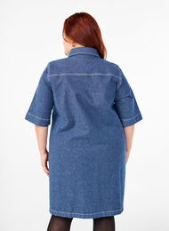 Pinstripe denim dress with chest pockets, Blue Denim Stripe, Model