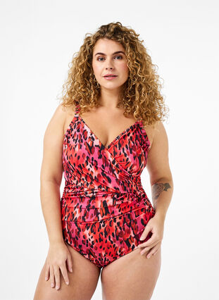 Zizzifashion Swimsuit with print and wrap effect, Red Leopard AOP, Model image number 0