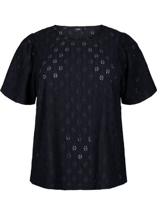 Zizzifashion Short-sleeved blouse with hole pattern, Black, Packshot image number 0