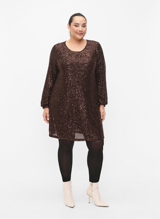 Zizzifashion Short sequin dress with long sleeves, Chicory Coffee, Model image number 2