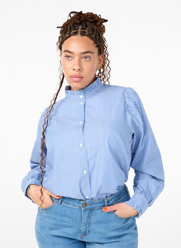 Zizzifashion Striped shirt blouse with ruffles, Princess Blue W. St., Model image number 0