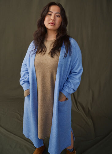 Zizzifashion Long knitted cardigan with pockets, Cornflower Blue Mel., Image image number 0