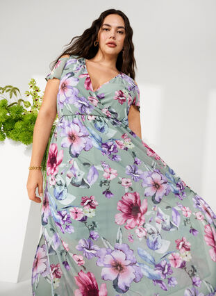 Zizzifashion Floral maxi dress with shoulder detail, Chinois Green AOP, Image image number 0