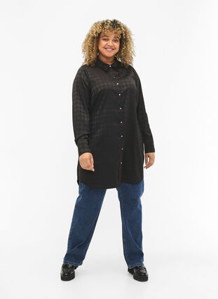 Zizzifashion Long shirt with houndstooth pattern, Black, Model image number 2