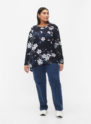 Zizzifashion Floral blouse with long sleeves, Navy B. Flower AOP, Model image number 2