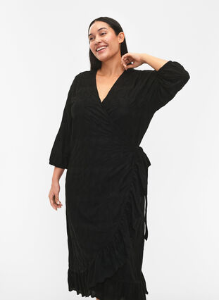 Zizzifashion FLASH - Wrap Dress with 3/4 Sleeves, Black, Model image number 2