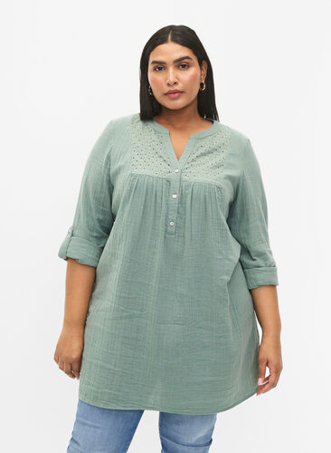 Zizzifashion Cotton tunic with anglaise embroidery, Chinois Green, Model image number 0